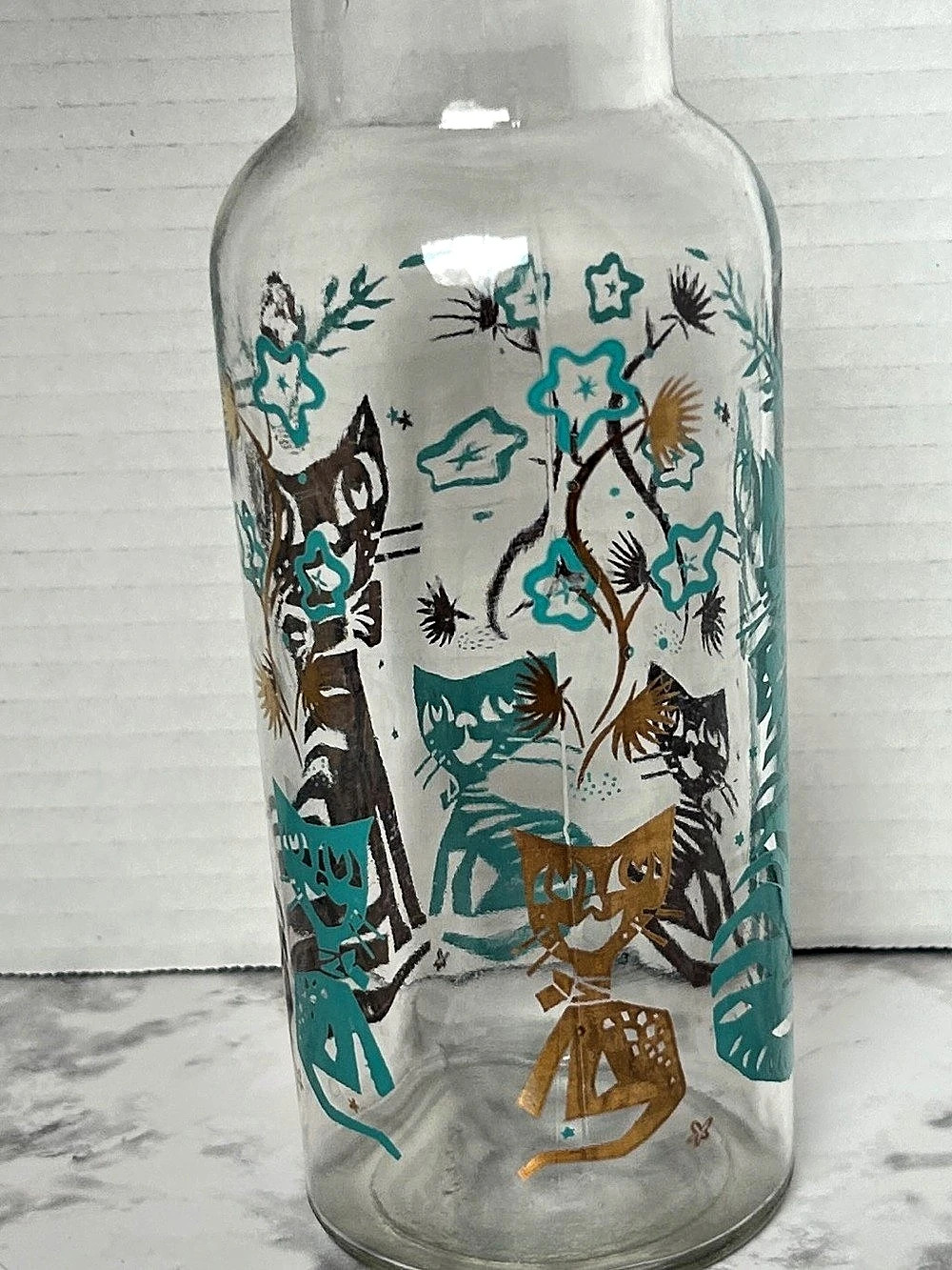 Vintage Apothecary George’s Briard Cat & Floral Glass Vase in Clear & Blue - Picture 5 of 8